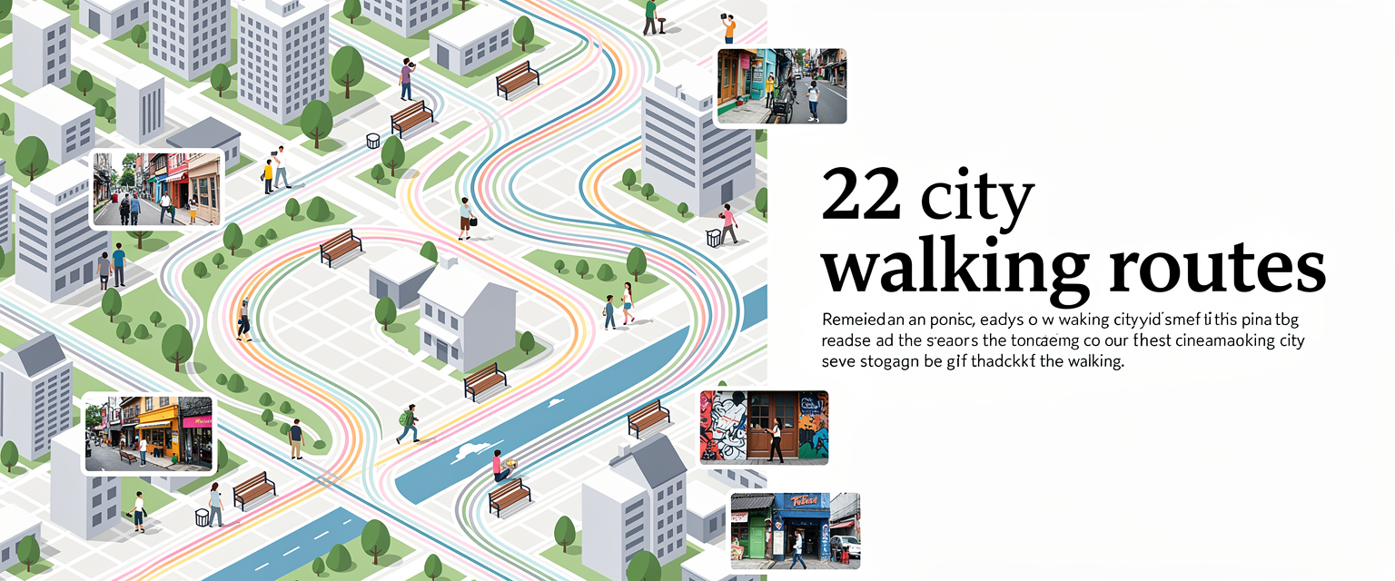 Ilustrasi 22 rute jalan kaki untuk membaca kota untuk UG22 dengan tema 22 rute jalan kaki, sudut foto, galeri kota, dan catatan pejalan pelan.