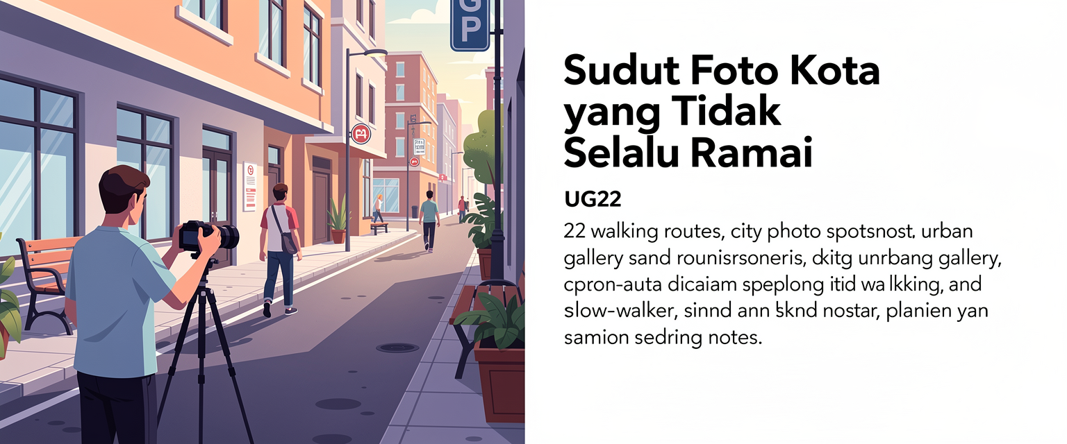 Ilustrasi sudut foto kota yang tidak selalu ramai untuk UG22 dengan tema 22 rute jalan kaki, sudut foto, galeri kota, dan catatan pejalan pelan.